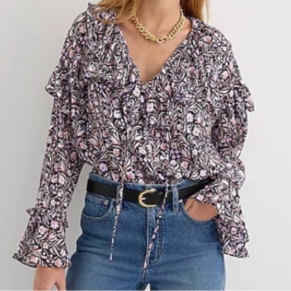 NWT JCrew Ruffle Crinkle Chiffon Top in Floral Flourish